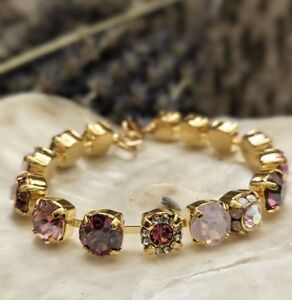 Pink And Pink Flower Crystals In Classic Tennis Gold Plated Bracelet